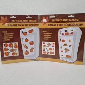 Vtg Set of 2, NEW SEALED Fall Thanksgiving Refrigerator Magnets Pumpkins Leaves